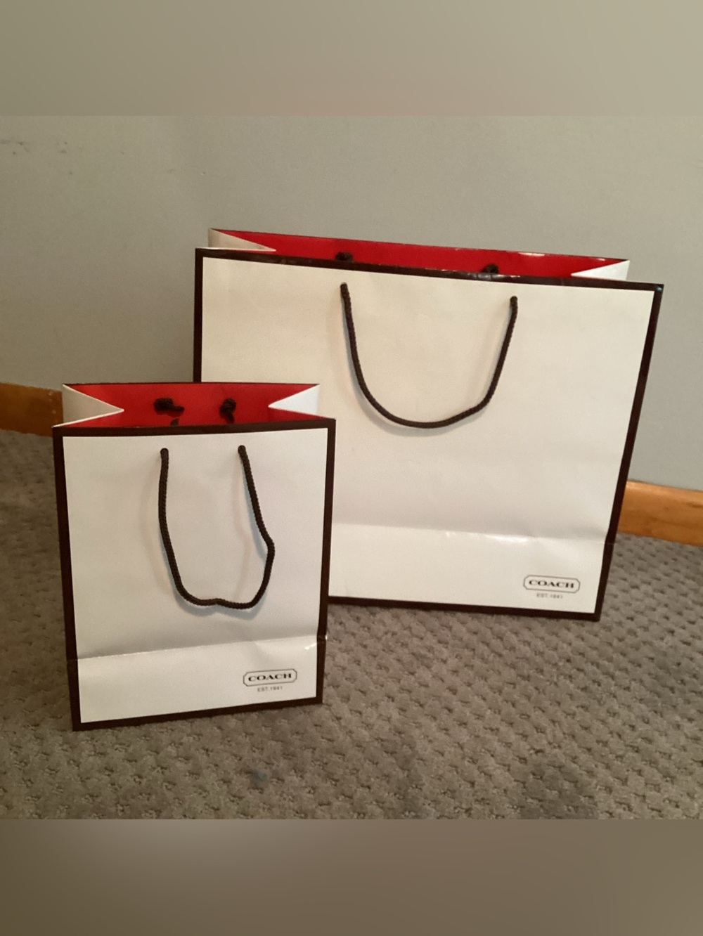 Coach Authentic White &Red Glossy Shopping/Gift Bags with rope handles, 2 bags